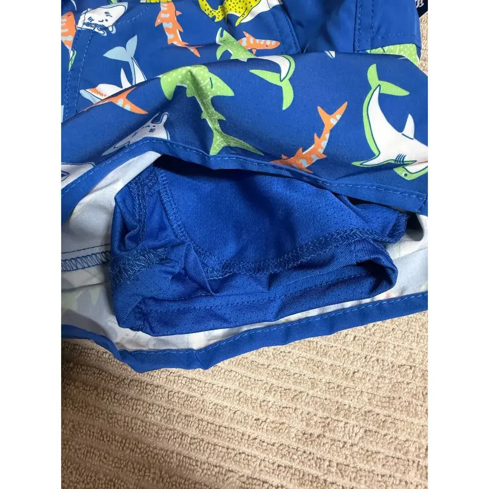 Lands End Boys Swim UPF 50+ Comfort Hydroliner SwimTrunks Neon Blue Sharks Large